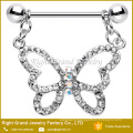 Surgical Steel Pink Clear CZ Twinkling Hollow Butterfly Dangle Nipple Ring